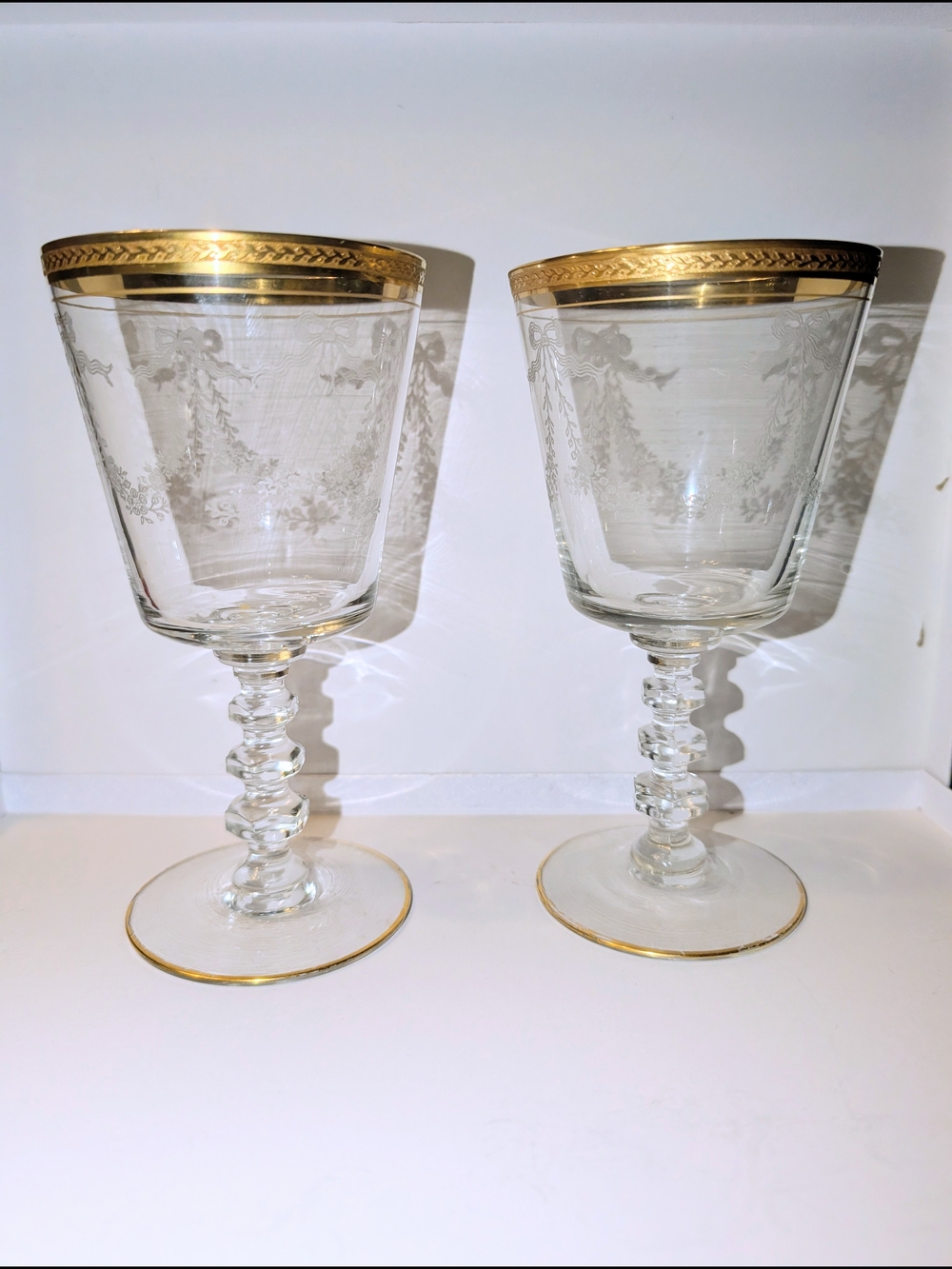 Vintage~TIFFIN-FRANCISCAN~Bouquet Etched Gold Rimmed Crystal Goblets-Set of 2